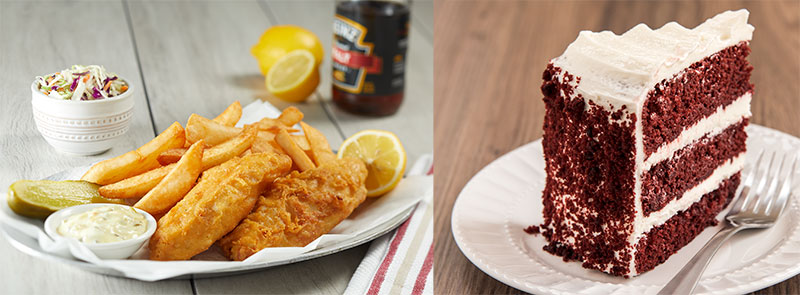 Fish and Chips, velvet cake