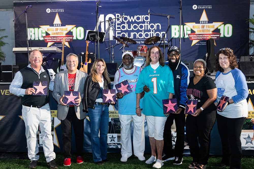 Broward Education Foundation’s 2022 Hall of Fame Awards honorees Brett Atkinson, Chip LaMarca. Stacy Ritter, Eric Jones Jr., Eric Chisem, Wanda E. Haynes and Dr. Lisa Milenkovic