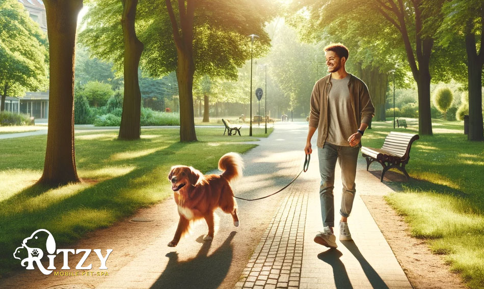 a person walking a dog at the park