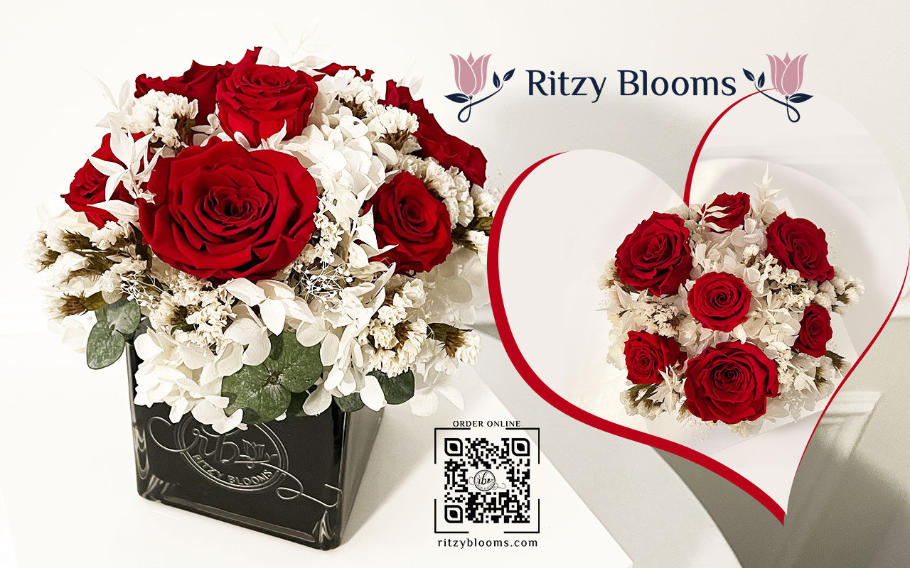 Luxury preserved red rose arrangement from Ritzy Blooms for Valentine’s Day