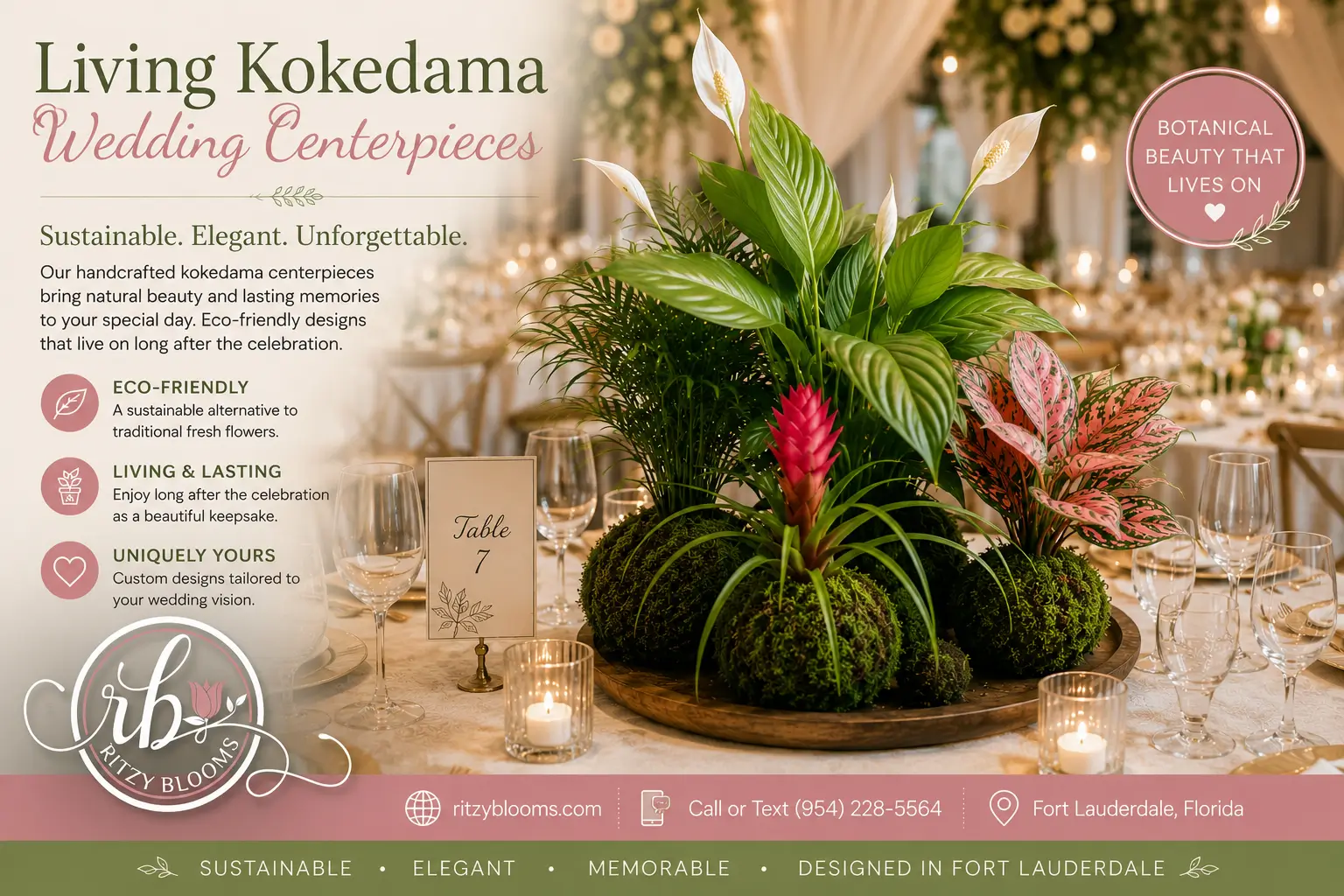 Luxury living kokedama wedding centerpiece featuring tropical plants, moss balls, peace lilies, and bromeliads displayed on an elegant wedding reception table in Fort Lauderdale, Florida.