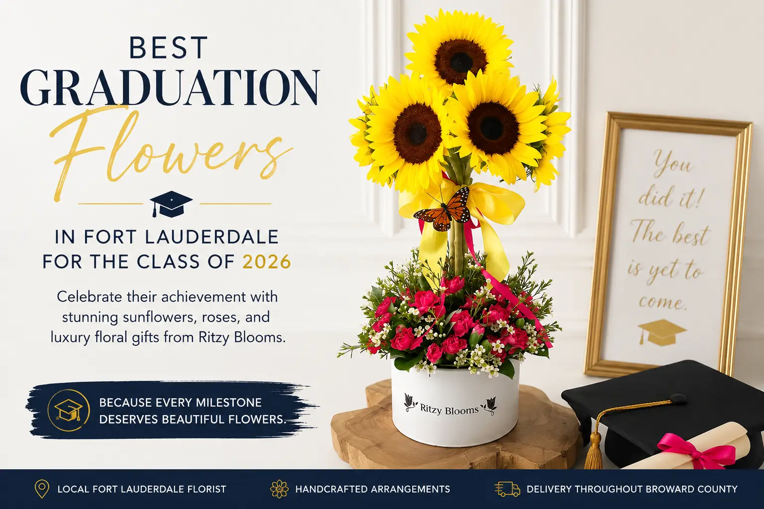 Graduate holding sunflower bouquet from Ritzy Blooms in Fort Lauderdale