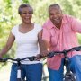 healthy senior couple on bicycles