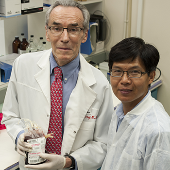 Richard Davey, M.D., (top left), director of FDA’s Division of Blood Applications, holds a unit of blood that is ready for processing. Jason Liu, Ph.D. (top right), director of FDA’s Laboratory of Molecular Testing and Immunogenetics, transfers blood (bottom left) to 50 ml tubes.