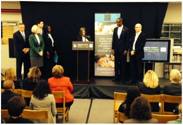 (left to right) Gary Chartrand, Chair, State Board of Education; Pam Stewart, Chancellor of Public Schools, Florida Department of Education; Jesse Panuccio, Executive Director, Florida Department of Economic Opportunity; Patricia Good, School Board Chair; Superintendent Robert W. Runcie; and Hadi Partovi, Co-Founder and CEO of Code.org. 